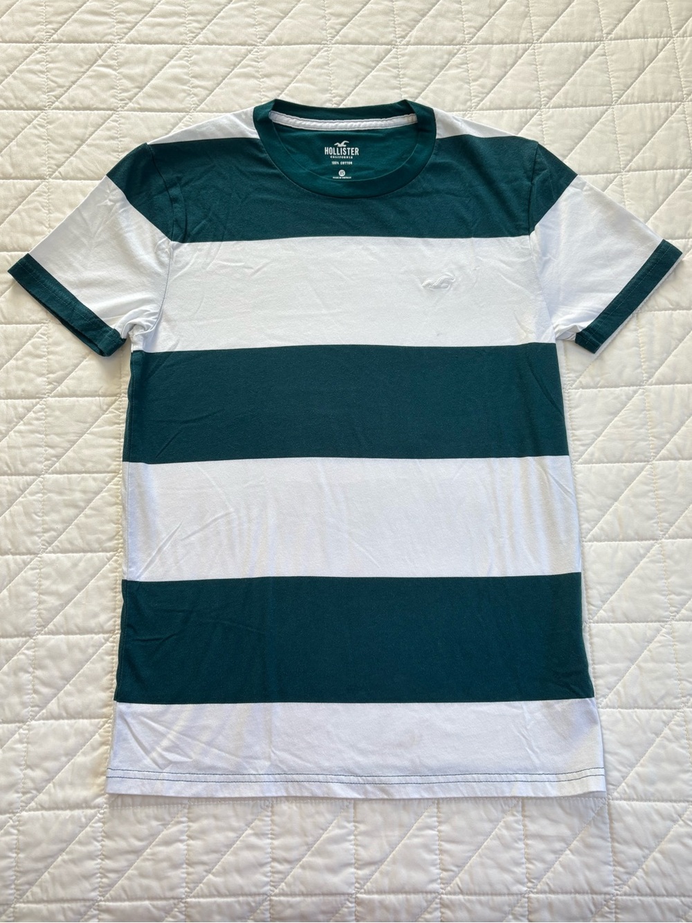 Hollister Men’s Striped Crewneck T-Shirt Teal Green & White - Size XS